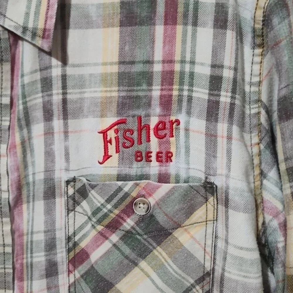 Weatherproof Shirt Mens Large Vintage Fisher Beer Plaid Button Up